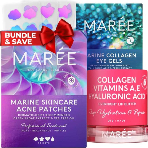 MAREE Bundle - Acne Сlearing Devices, Lip Mask, Under Eye Gels - Green Algae Extract & Tea Tree Oil, Collagen & Hyaluronic Acid - Hydrocolloid Acne Therapy, Mask for Dry Lips, Gels for Puffy Eyes