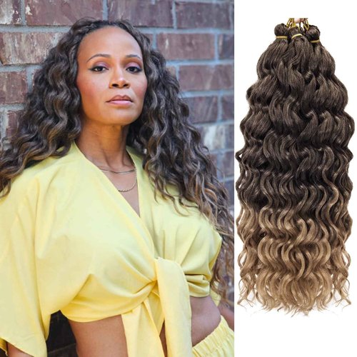 Ocean Wave Crochet Hair 18inch Deep Wave Curly Crochet Hair For Women,Ombre Hawaii Curly Braiding Hair Synthetic Bohemian Crochet Braid Water Wave Crochet hair Extensions (6Packs, T1B/27)