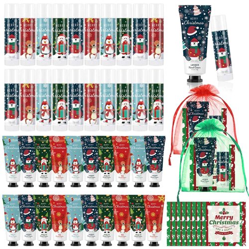 Heigble 36 Set Christmas Hand Cream Gift Set, Including Moisturizing Christmas Hand Lotion, Xmas Lip Balm, Gauze Bags, Thank You Cards Natural Fragrant Xmas Hand Cream with Lip Balm Christmas Gifts