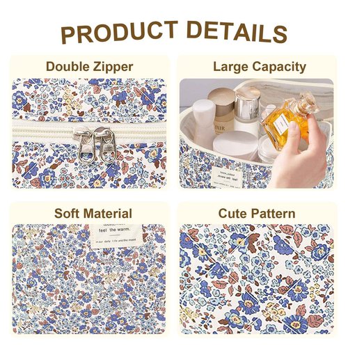 3Pcs Makeup Bag Cotton Quilted Travel Cosmetic Bag Cute Floral Makeup Pouch Large Toiletry Bag for Women Girls