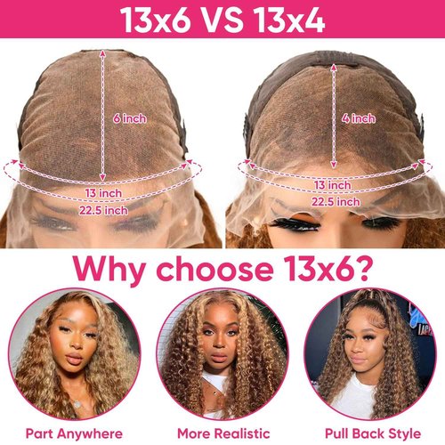 VNFM Honey Blonde Ombre Lace Front Wig Human Hair 13x6 HD Highlight Deep Wave Lace Front Wigs Human Hair Pre Plucked 200% Density 4/27 Colored Curly Frontal Wigs for Women 24 Inch