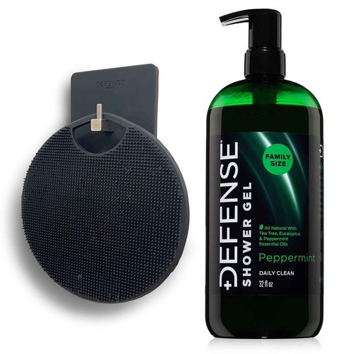 Defense Soap Peppermint Body Wash 32 oz with Tea Tree & Eucalyptus Oils + Silicone Body Scrubber & Shower Hook | Natural Antifungal Shower Gel & Exfoliating Set for Athletes and Active Lifestyles