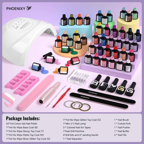 phoenixy 63 Pcs Gel Nail Polish Kit with U V light and Drill, 45 Colors Gel Polish with 5 Pcs Base Top Coat Manicure Starter Nail Polish Set Gifts for Women ST9017
