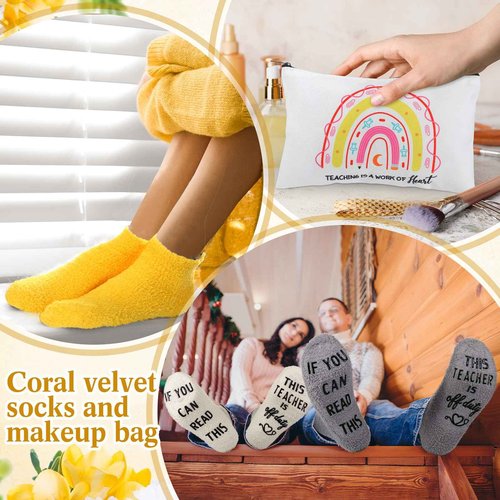 Shinymoon 28 Pcs Back to School Teacher Appreciation Gifts Bulk If You Can Read This Teacher Socks 14 Style Thank You Makeup Bags Employee Coworker Team Back to School Gifts(Rainbow,Coral Fleece)