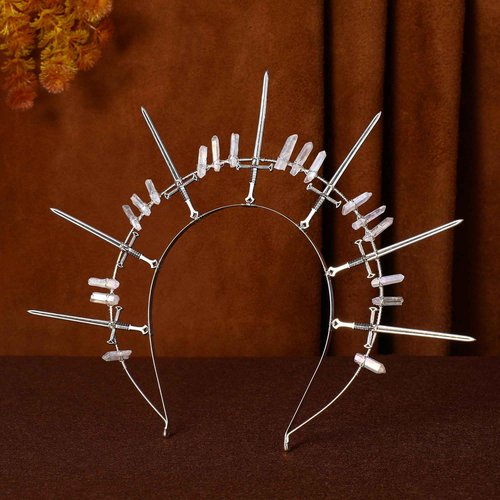 COSUCOS Fantasy Halo Crown Headband - Virgin Mary Headpiece Renfaire Goddess Headband Silver Crystal Gothic Tiara Cosplay Hair Accessory Photoshoot Theme Party with Swords Renaissance Halloween