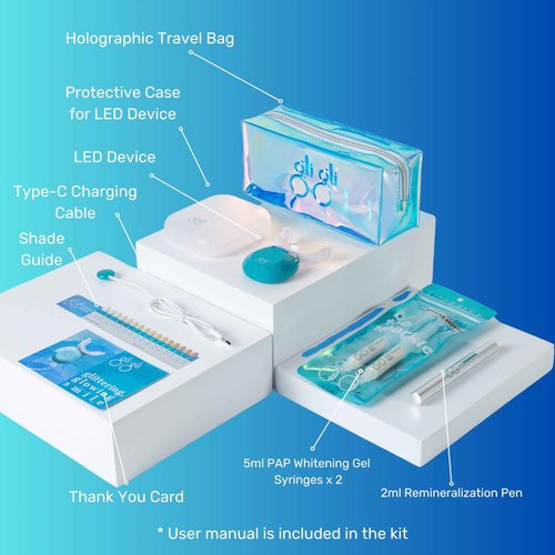 GLI GLI Sparkle Booster Teeth Whitening Kit - 2 x 5ml Pap Whitening Gel Syringes - Includes Rechargeable LED Whitening Device, Shade Guide & Remineralization Pen - 10 to 15 Days Treatment