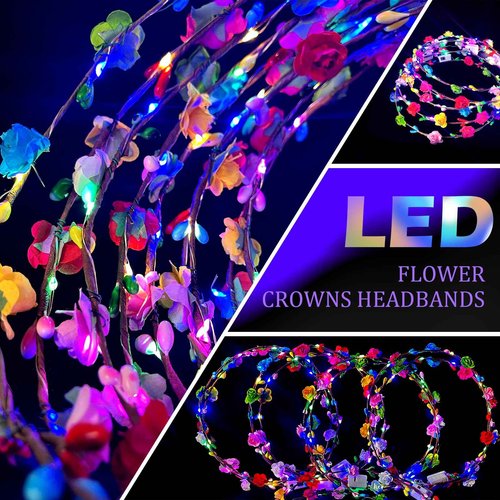 QSJQllo 50 Pcs LED Flower Crowns Headbands,Flower Crowns For Women,Mardi Gras Light Up Headbands Tiara Flower Crown Accessories for Wedding Beach Party Birthday Cosplay Halloween Christmas Day