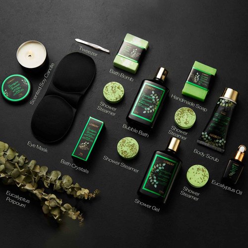 Eucalyptus Spearmint Bath Set, Home Spa Set with Natural Mint Fragrance, 17 Pcs Gift Basket, Eucalyptus Bath Oil, Shower Gel, Bubble Bath, Bath Crystal, Steamer Tablet & More, Best Birthday Gift
