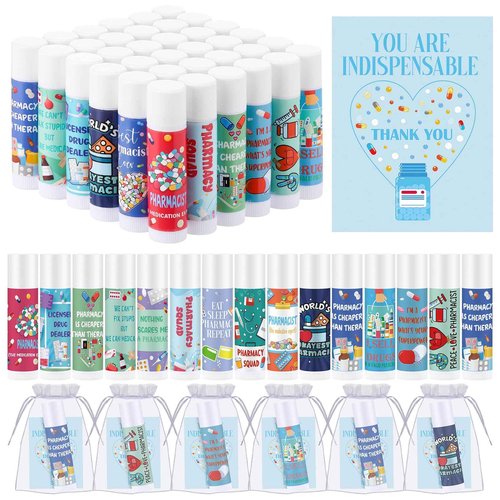 Heigble 36 Set Pharmacy Gift Bulk Pharmacist Technician Funny Lip Balm Thank You Tag Organza Bag Pharmacy Week Appreciation Gift for Medicine Tech Nurse Doctor Accessories Christmas Favor Decoration