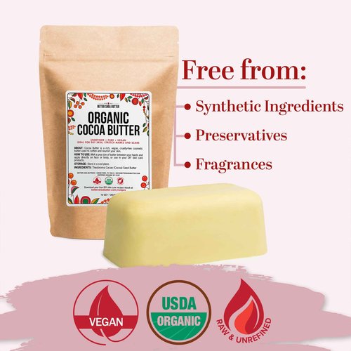 Organic Cocoa Butter Raw Unrefined, Food Grade USDA Certified Organic, for Scars, Stretch Marks Cream, Body Butter, Lip Balm and Lotion Bars, 100% Pure 1 lb Block
