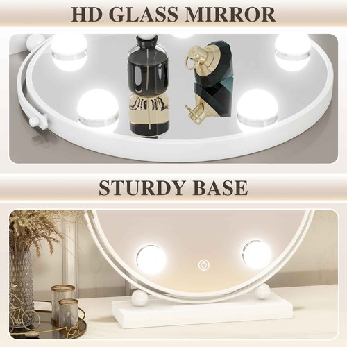 ROLOVE 13 Inch Hollywood Vanity Mirror with Lights, Round Make Up Mirror with Lighting, LED Makeup Mirror with 5 Dimmable Bulbs for Bedroom Tabletop, Smart Touch Control, 360° Rotation