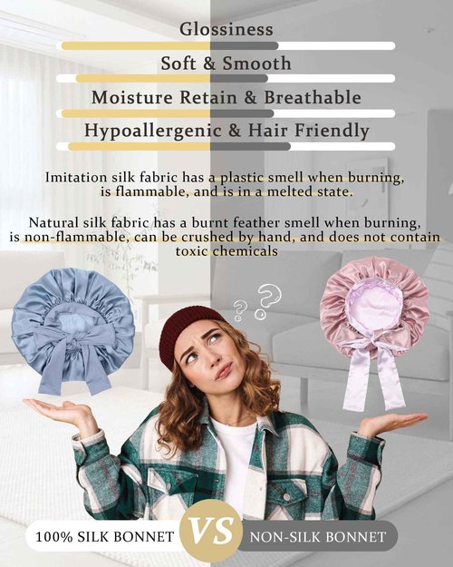 Ufgin 100% Mulberry Silk Bonnet for Sleeping Women Double Layer Silk Hair Bonnet Natural Silk Sleep Cap with Elastic Reversible Hair Wrap (Haze Blue + Sky Blue)
