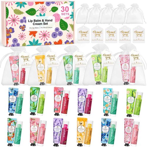 30 Sets Bulk Gifts For Women, Lip Balm Bulk and Hand Cream Gift Set with Organza Bags, Thank You Cards, Party Favors For Bridal Wedding, Baby Shower, Christmas Gift Stocking Stuffers