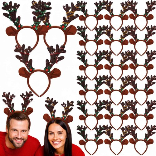 Yuxung 24 Pcs Christmas Reindeer Antlers Headband Bulk Sequined Reindeer Headwear Elk Headpiece for Xmas Party Costume Supply