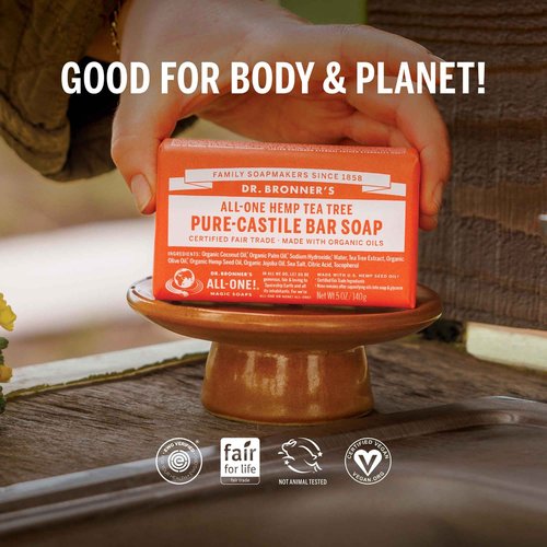 Dr. Bronner's Pure-Castile Magic Bar Soap - Tea Tree, Made with Regenerative Organic Certified Oils, For Face, Body & Hair, Gentle, Vegan, Non-GMO (5oz, 12-Pack)