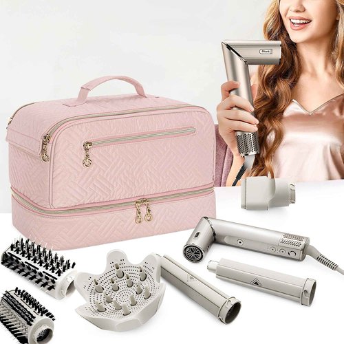 Teamoy Travel Carrying Case Compatible with Shark Flexstyle, Double-Layer Storage Bag for Shark Hyperair, Portable Travel Organizer for Dyson Airwrap Styler and Attachments, Pink Quilted