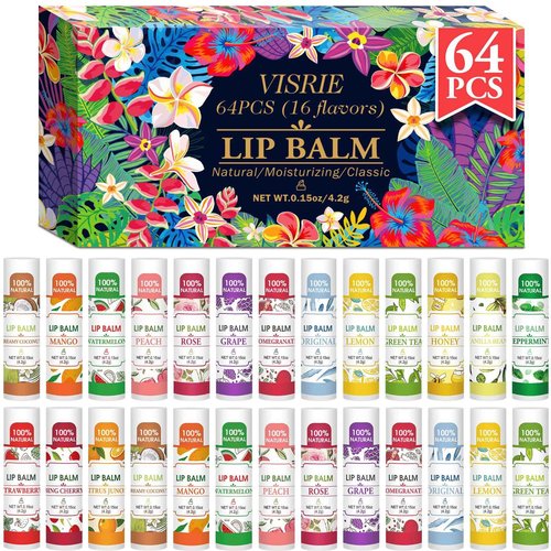 VISRIE 64 Pack Lip Balm, Natural Lip Balm Bulk with Vitamin E and Coconut Oil, Bulk Moisturizing Lip Balms for Dry Lips-16 Flavors
