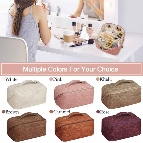 GOLDORANGE Floral Travel Cosmetic Bag Large Capacity Makeup Bag with Compartment and Handle Waterproof PU Leather Portable Flower Everything Cosmetic Bag, Pink
