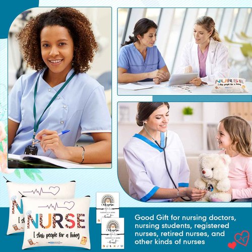 Yinkin 32 Pcs Nurse Appreciation Gift 2025 for Nurse Week 16 Canvas Makeup Cosmetic Bags Survival Kit and 16 Blessing Card Bracelets, Christmas Medical Staff Practitioner Gift for Women(Retro)
