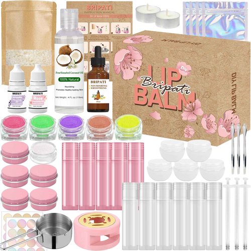 BRIPATI DIY Lip Balm Making Kit for Adults to Make Your Own Moisturizing Lip Balms with Natural Beeswax, Lip Base Oil, Essential Oil, Empty Lip Balm Tubes Jars, Birthday Christmas Mother’s Day Gift