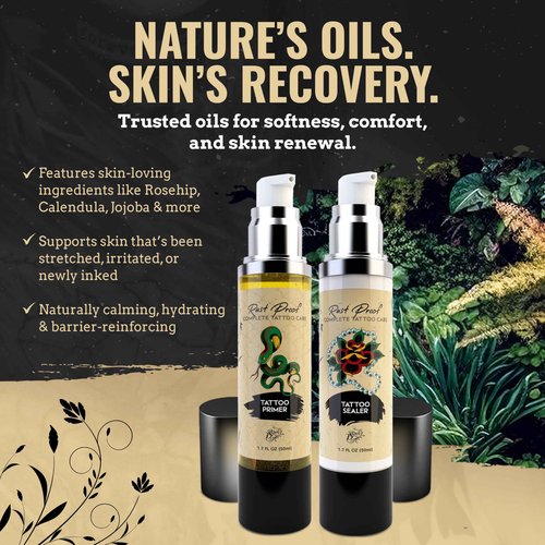 Rust Proof Complete Tattoo Care – Comprehensive Pre & Post Tattoo Skincare Set with Body Oil & Moisture Sealing Body Lotion – Lightweight Hydration & Moisture Barrier Protection – 2- Piece Bundle