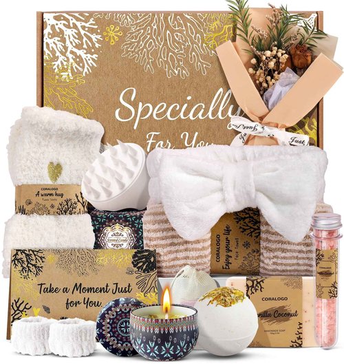 Coralogo Natural Spa Gift Baskets - Natural Pampering Spa Set, Self-Care Get Well Soon Basket,Thank You Gifts, Unique 11pcs Gift Set for Birthday Christmas Valentines Day Mothers Day