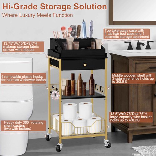 NauwaBarn Large Makeup Organizer Cart with Hair Tool Holder, Rolling Makeup Cart with Drawer, 2-in-1 Vanity Organizer Cosmetic Display Cases for Skin Care Perfume Nail Polish Brush Tools, Gold & Black