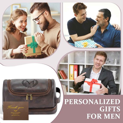 Aganmi Personalized Christmas Birthday Gifts Toiletry Bag for Men Dad Husband, Custom Initial PU Leather Waterproof Toiletry Organizer Dopp Kit Shaving Bag Travel Essential for Men, Dark Brown J