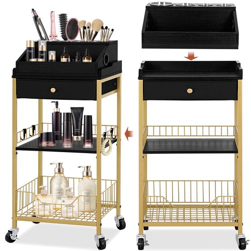 NauwaBarn Large Makeup Organizer Cart with Hair Tool Holder, Rolling Makeup Cart with Drawer, 2-in-1 Vanity Organizer Cosmetic Display Cases for Skin Care Perfume Nail Polish Brush Tools, Gold & Black