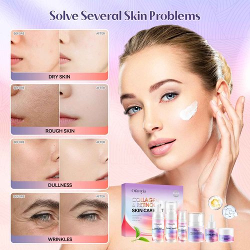 Ofanyia Collagen Retinol Skincare Set, 6 Pcs Anti-Aging Skin Care Set with Hydrating Cleanser, Eye Cream, Toner, Cream & Lip Mask, Facial Kit for Women, Christmas Valentines Birthday Gift for Her