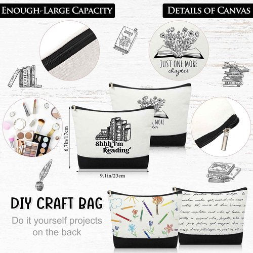 Locmeo 12 Pcs Book Club Gifts Book Tote Bag for Book Lovers Reading Quote Tote Bag Makeup Bag Reusable Cosmetic Bag with Metal Zipper Bookish Librarian Gifts for Women