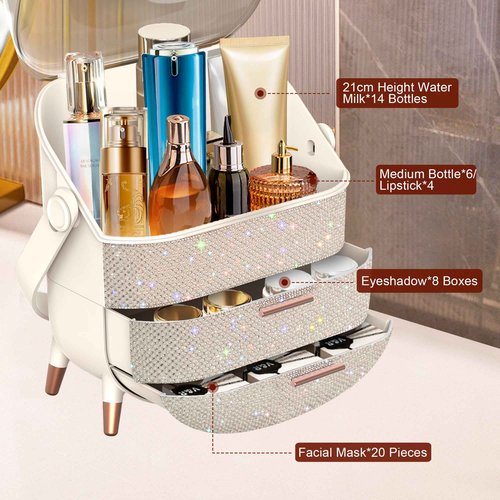 Ptesly Bling Makeup Organizer for Teen Girl Gift,Hollywood Vanity Makeup Storage Box for Girl Birthday Gift,Practical Gift for Daughter,Bathroom Organizer,Skincare Organizer (Rhinestone White)