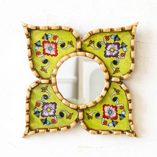 DECORCONTRERAS Small green peruvian mirrors for wall holiday – Diamond/Square shape wall artisan mirror in painted glass with gold leaf frame (Lime Green)