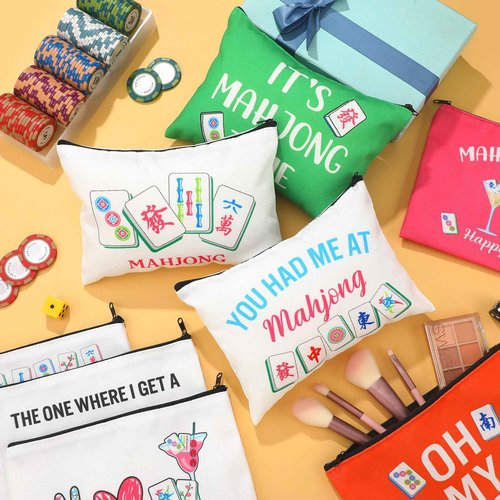 SilTriangle 9 Pcs Mahjong Cosmetic Bag Gifts for Women Mahjong Makeup Bag Mah Jong Zippered Pouch for Lover Player Friend Mom Grandma Lucky Birthday Christmas New Year Gift