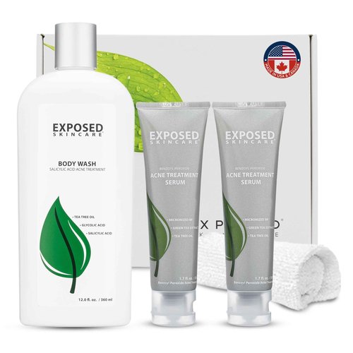 Exposed Skin Care, Body Acne Kit with 3.5% Benzoyl Peroxide and 0.5% Salicylic Acid to Clear Up Teen and Adult Bacne and Body Acne – Natural, Non-toxic and Cruelty Free
