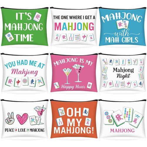 SilTriangle 9 Pcs Mahjong Cosmetic Bag Gifts for Women Mahjong Makeup Bag Mah Jong Zippered Pouch for Lover Player Friend Mom Grandma Lucky Birthday Christmas New Year Gift