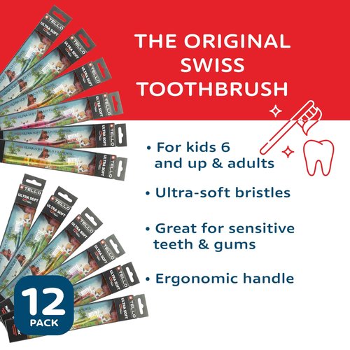TELLO 4480 Adult or Child Ultra Soft Toothbrush with Smaller Head for Gentle Cleaning with Ergonomic Handle, Made in Switzerland, Colors Vary, 12-Pack