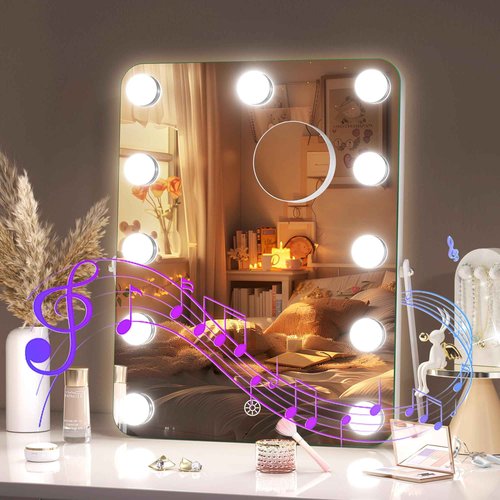 Hasipu LED Makeup Mirror with Bluetooth Speaker, 11" x 14" Hollywood Vanity Mirror with Lights, Rounded Rectangle White Frame, 3 Modes Light, Smart Touch Control Dimmable, 360°Rotation