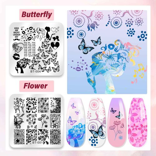 Biutee Nail Stamper Kit 12Pcs Nail Stamping Plate 8Pcs Stamping Gel Polish Nail Stamping Kit with Silicone Stamper Scraper Storage Bag Lace Plaid Stamp Template Christmas Gift for Women