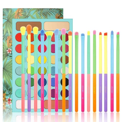 Docolor 16Piece Colorful Eye Makeup Brushes Set + 34 Colors Tropical Eeyshadow Palette Christmas Gift Premium Eye Blending Synthetic Eyeshadow Brushes Set