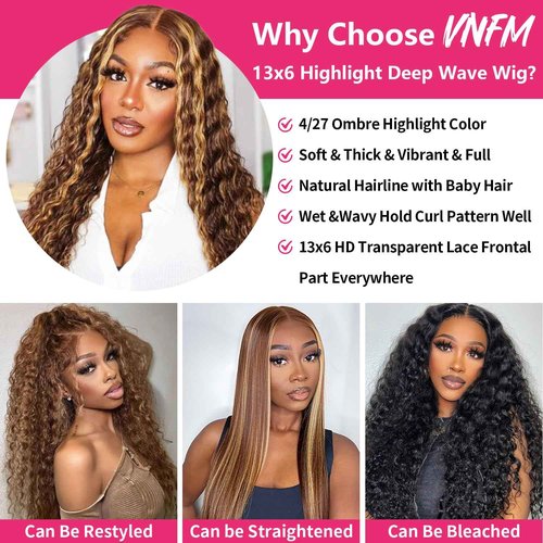 VNFM Honey Blonde Ombre Lace Front Wig Human Hair 13x6 HD Highlight Deep Wave Lace Front Wigs Human Hair Pre Plucked 200% Density 4/27 Colored Curly Frontal Wigs for Women 24 Inch