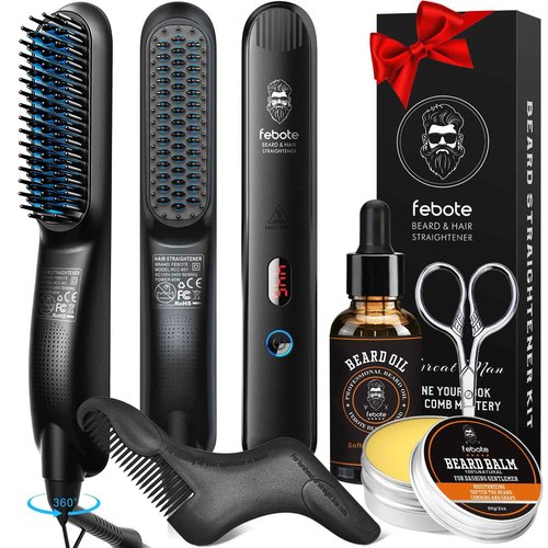 FEBOTE Innovation Blue Beard Straightener Kit w, Beard Balm, Beard Growth Oil, Beard Styling Comb & Scissors, Upgraded 5-in-1 Beard Set, Unique Stocking Stuffer Gifts for Friend, Father & Him