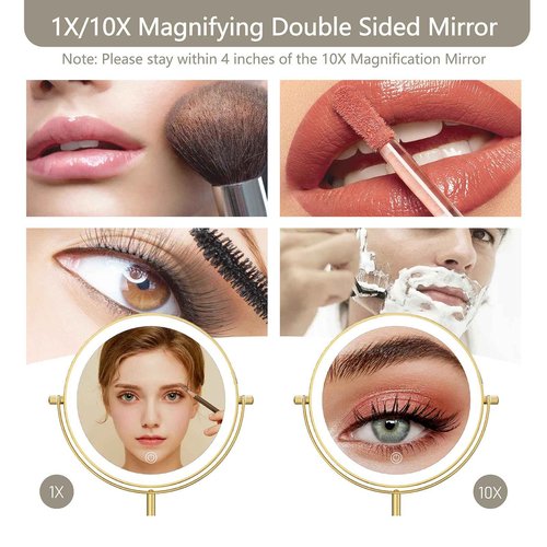 MIROAMZ 8" Lighted Makeup Mirror, 1X/10X Magnification, Double Sided Dimmable, Rechargeable & Height Adjustable, Cordless Vanity Mirror (Gold)