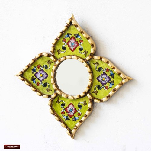 DECORCONTRERAS Small green peruvian mirrors for wall holiday – Diamond/Square shape wall artisan mirror in painted glass with gold leaf frame (Lime Green)