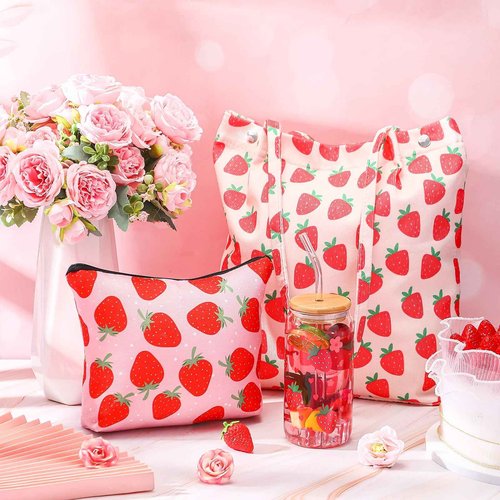 Bulyoou Strawberry Gift Set, Included 16oz Glass Cups with Lids and Straws Waterproof Travel Bag Pouch Strawberry Makeup Bag and Corduroy Tote for Women Christmas Birthday Mothers Day