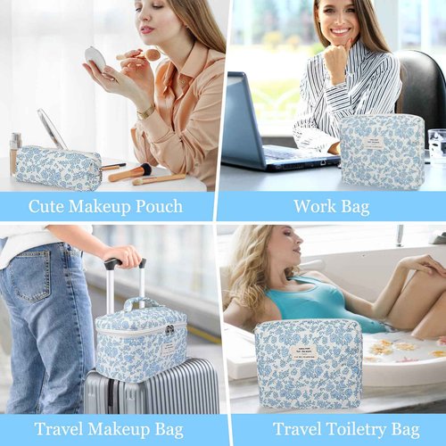 3PC Makeup Bag Set, Quilted Makeup Bag Set, Large Floral Cosmetic Bag for Women, Cute Cotton Makeup Bags, Flower Travel Toiletry Organizer Bag (White Pink Bow Tie)