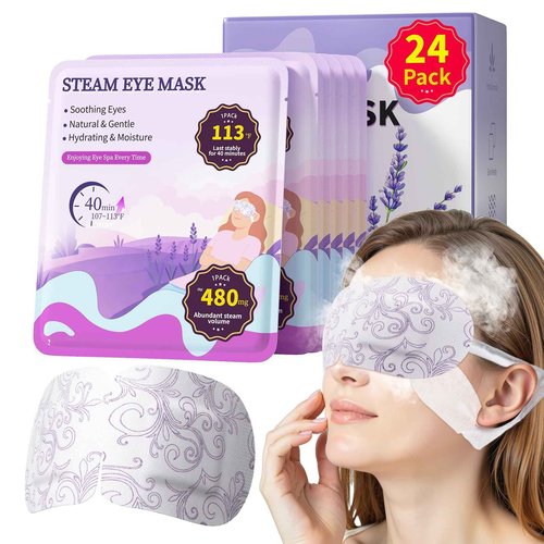 PHIXBEAR 110℉ Constent Cornea Care Rest Self Heating Eye Mask 60Mins, Disposable Lavender Steam Eye Mask for Travel Sleep, Compresses for Dry Eyes, Relaxing Gifts 24 Packs