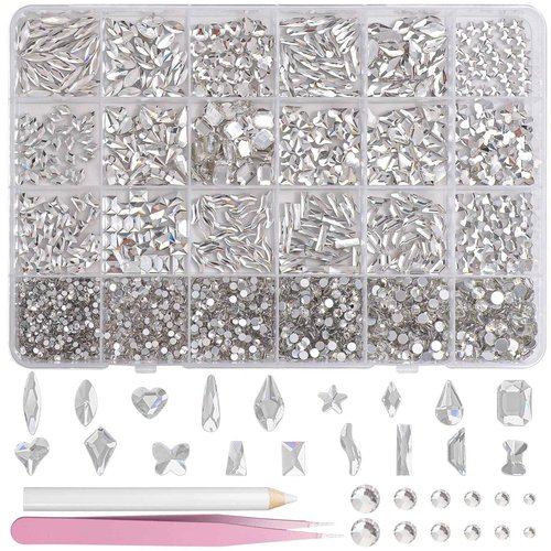 White Nail Art Rhinestones Kit, Multi Shapes Sizes Crystal Flatback Nail Gems Half Round Rhinestones for Nails, White Gems Crystals Rhinestone for Nails Art DIY Supplies Craft