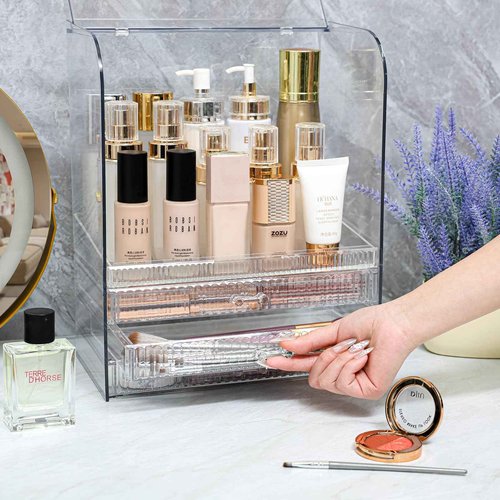 Clear Acrylic Makeup Organizer for Vanity With Lid,Large Capacity Bathroom Countertop Organizer and Storage With 3 Drawers,Dustproof Cosmetics Organizer for Cologne Perfume,Beauty,Skincare Container