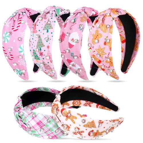 Jexine 6 Pcs Pink Christmas Knotted Headbands with Jeweled Rhinestones for Women Wide Snowflake Xmas Tree Headbands Candy Cane Cookies Gingerbread Hairbands Hair Accessories Party Supplies